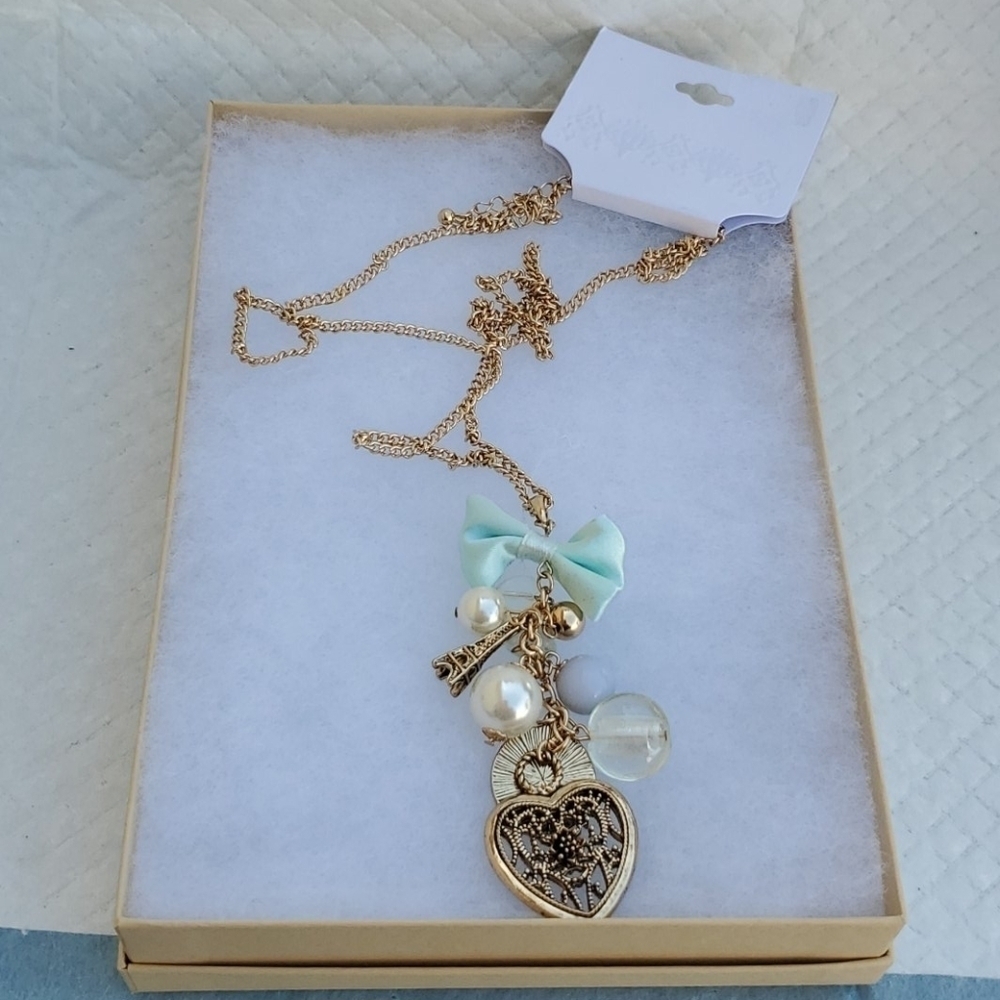 NEW GOLD LONG NECKLACE EIFFEL TOWER PEARL HEART‎ - Picture 3 of 7